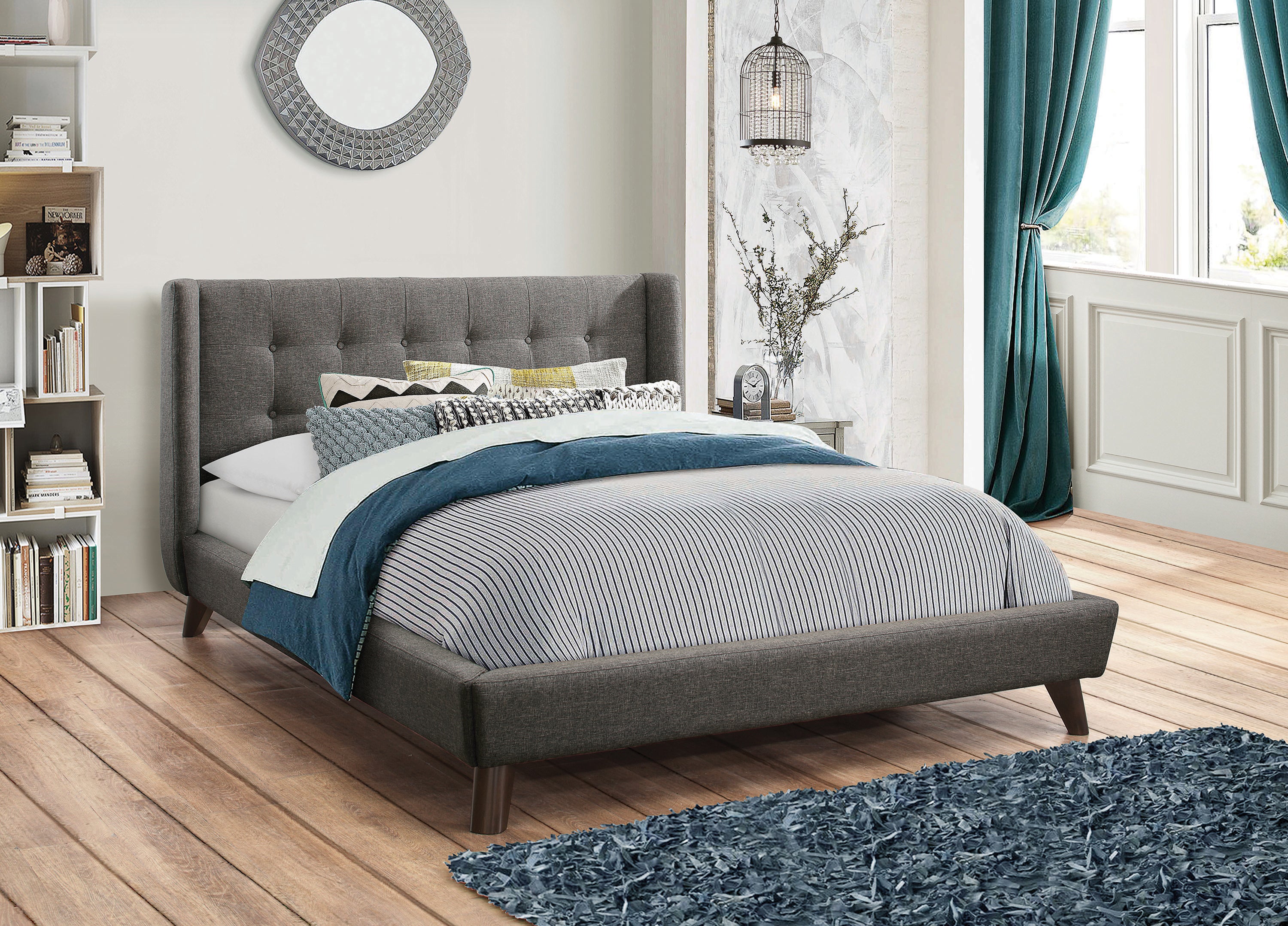 Fabric Upholstered Button Tufted Bed Grey Queen