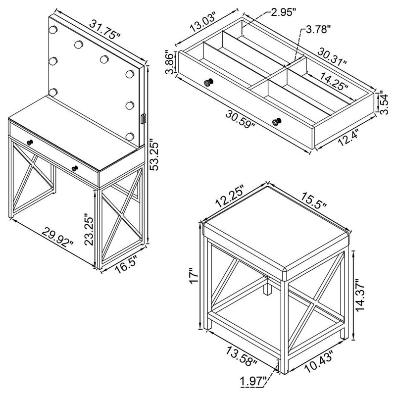 936164 Vanity Set with Lighting & Stool White and Chrome