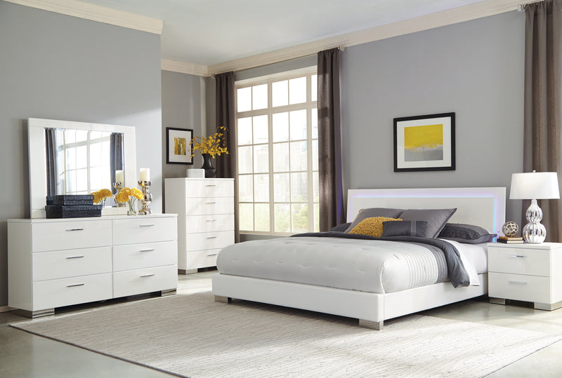 203500 Felicity Eastern King Panel Bed With LED Lighting Glossy White 4, 5  and 6 Pieces Set